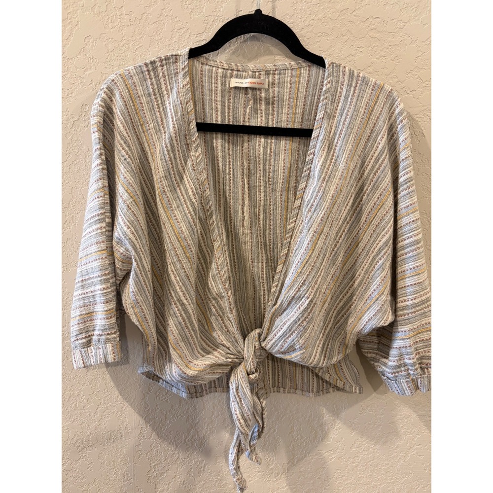 Known Supply Organic Cotton Striped Tie Front Wrap Top Boho Multi Color Small